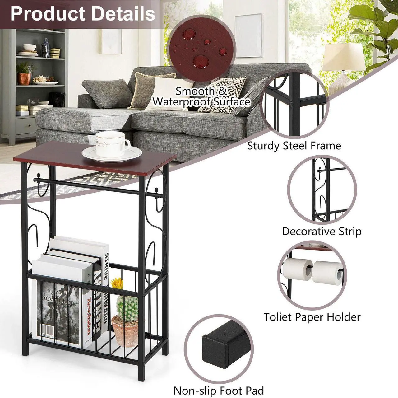 Alt view image 4 of 6 - SlickBlue Side Sofa Narrow Table with Removable Paper Holder for Living Room-Brown