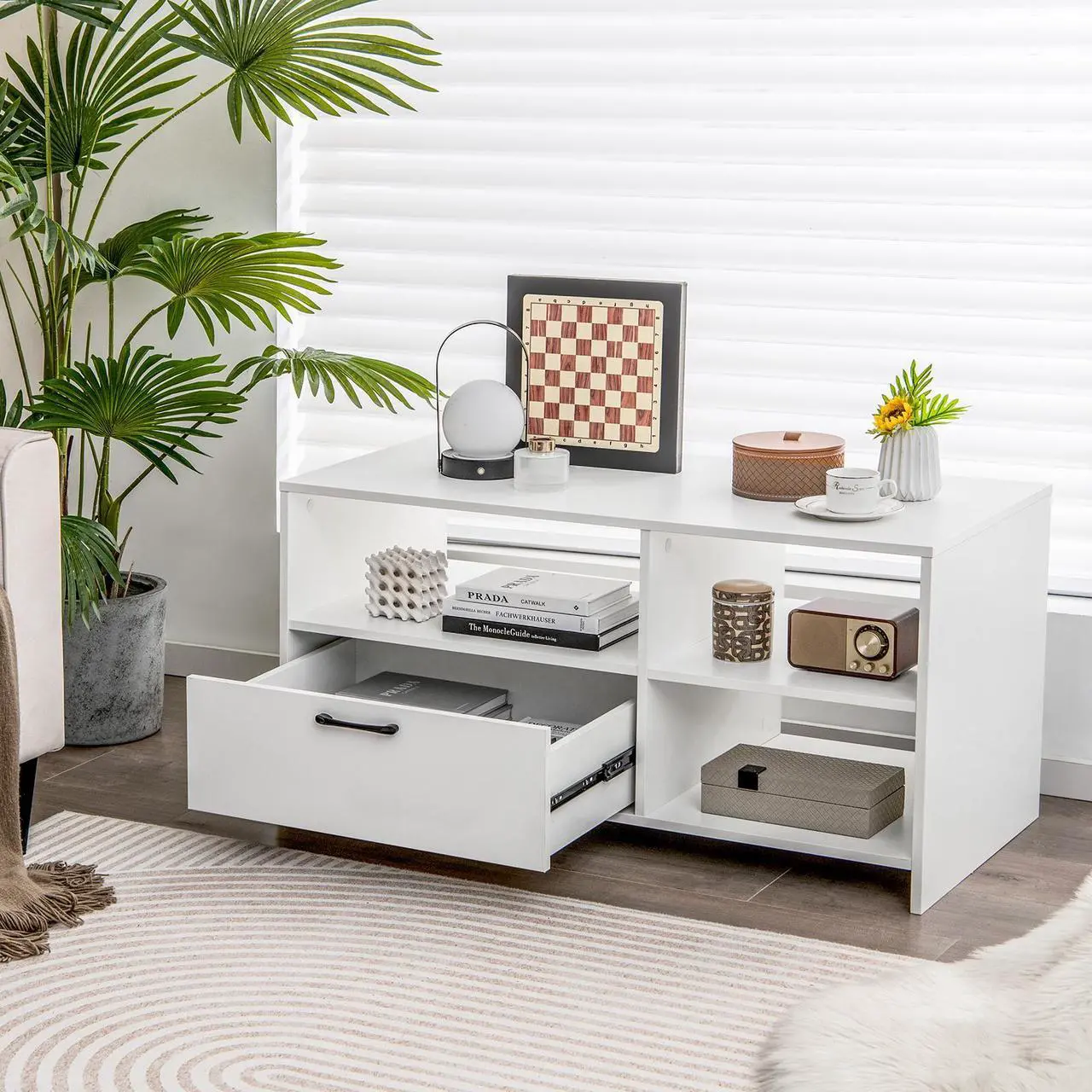 Alt view image 2 of 7 - SlickBlue Modern Media Console Table with 3 Open Compartments and 1 Storage Drawer-White
