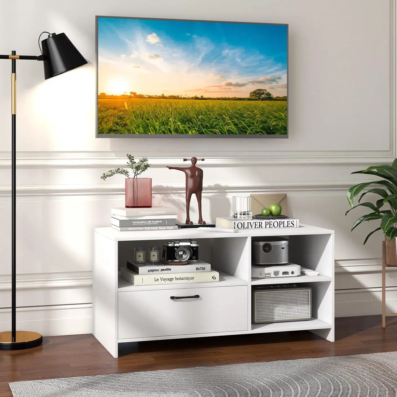 Alt view image 4 of 7 - SlickBlue Modern Media Console Table with 3 Open Compartments and 1 Storage Drawer-White