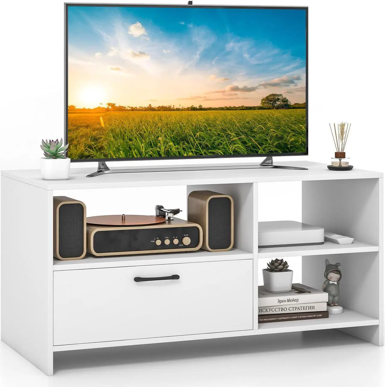 Alt view image 3 of 7 - SlickBlue Modern Media Console Table with 3 Open Compartments and 1 Storage Drawer-White
