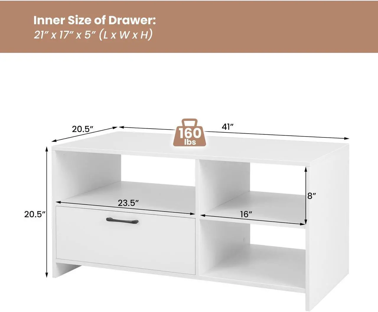 Alt view image 6 of 7 - SlickBlue Modern Media Console Table with 3 Open Compartments and 1 Storage Drawer-White