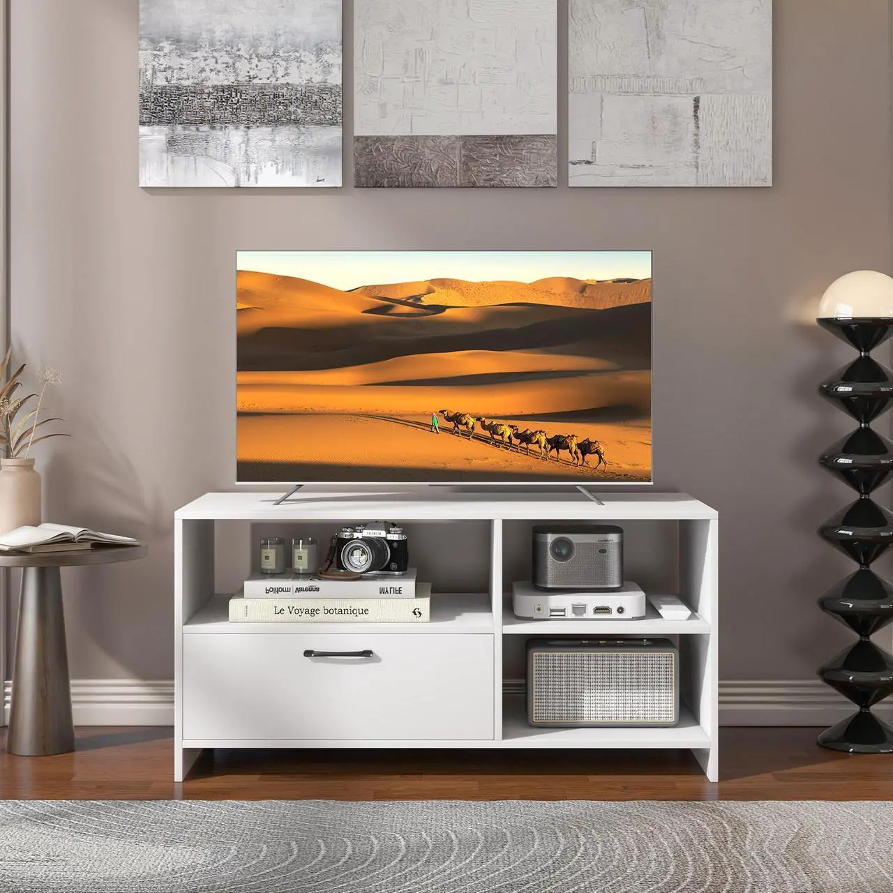 Alt view image 5 of 7 - SlickBlue Modern Media Console Table with 3 Open Compartments and 1 Storage Drawer-White