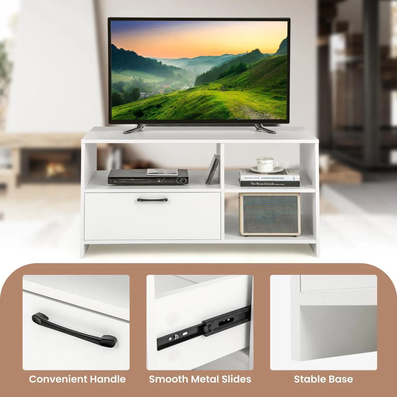 Alt view image 7 of 7 - SlickBlue Modern Media Console Table with 3 Open Compartments and 1 Storage Drawer-White