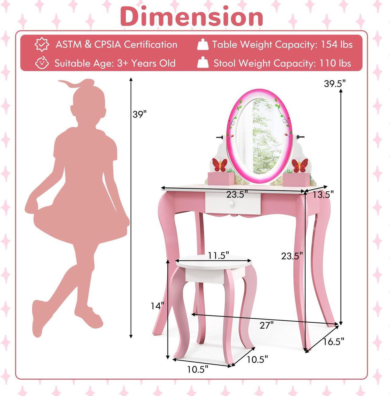 Alt view image 2 of 7 - SlickBlue Kids Vanity Table and Stool Set with 360Â° Rotating Mirror and Whiteboard-Pink