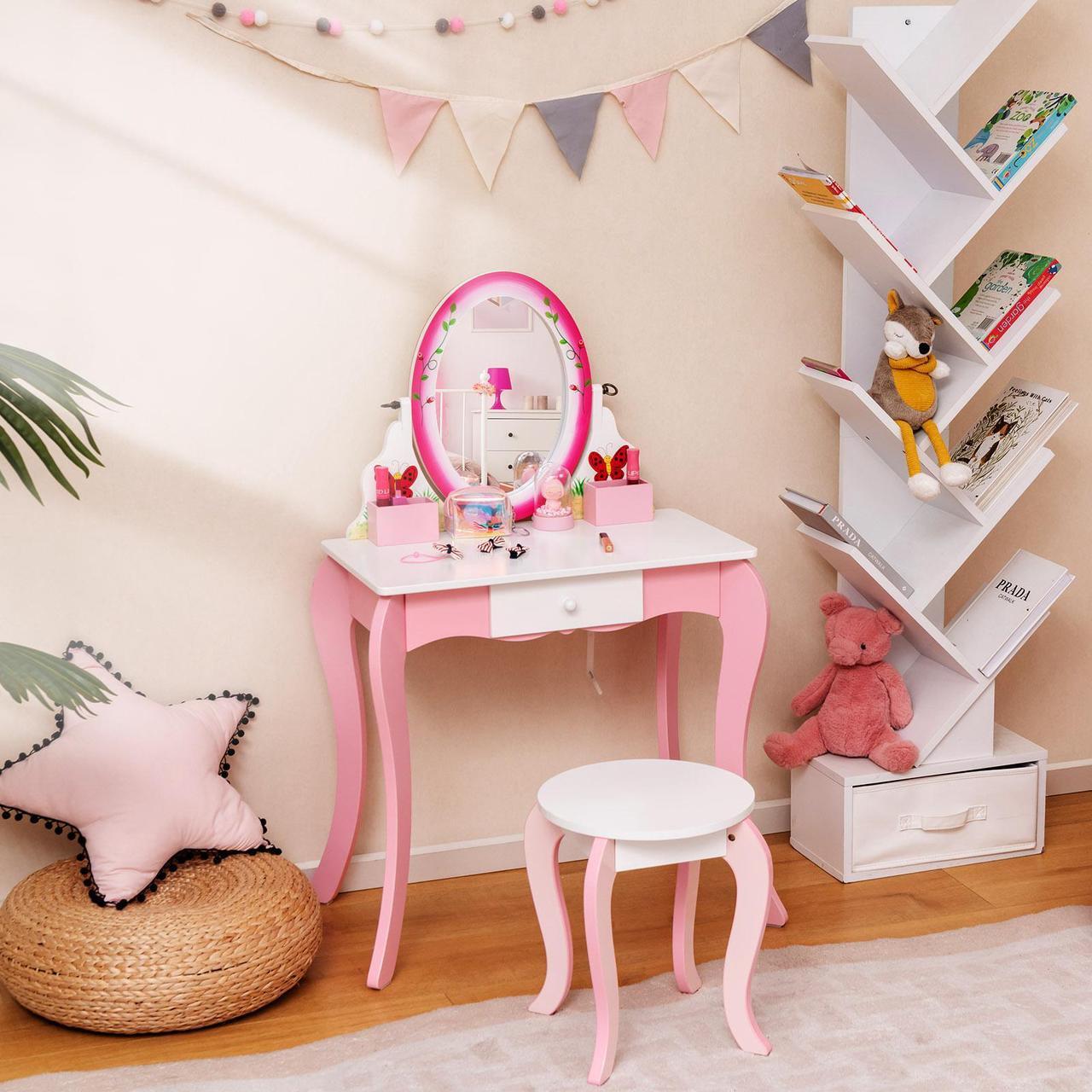 Alt view image 3 of 7 - SlickBlue Kids Vanity Table and Stool Set with 360Â° Rotating Mirror and Whiteboard-Pink