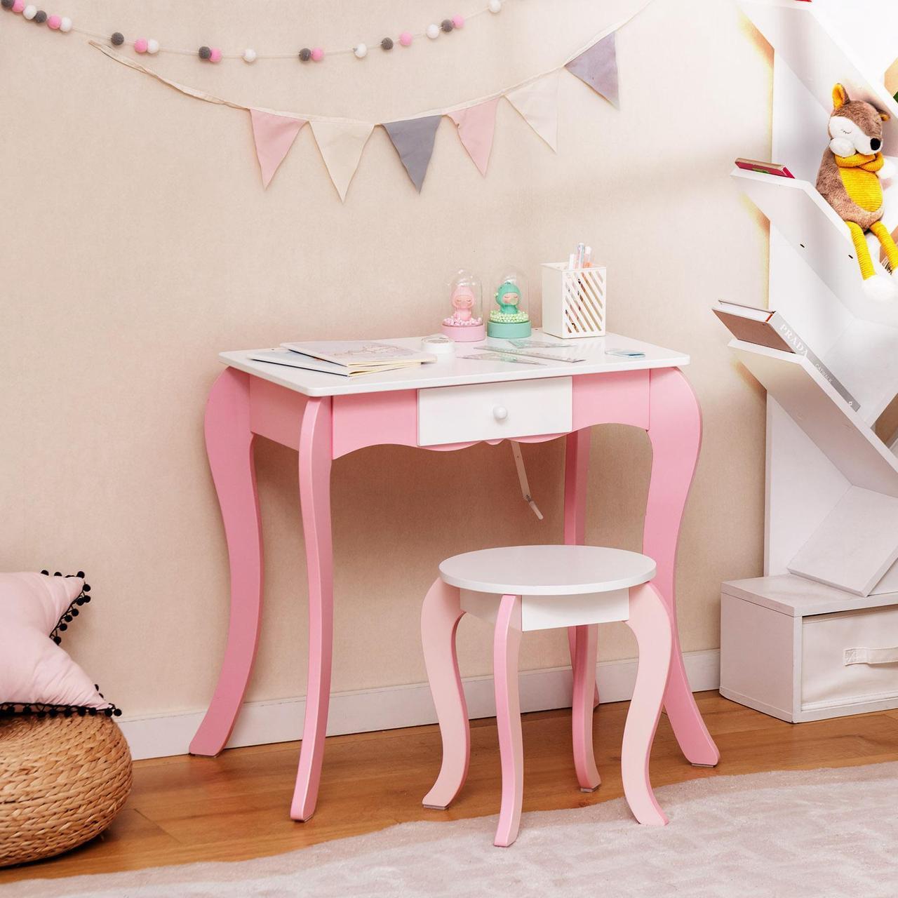 Alt view image 5 of 7 - SlickBlue Kids Vanity Table and Stool Set with 360Â° Rotating Mirror and Whiteboard-Pink