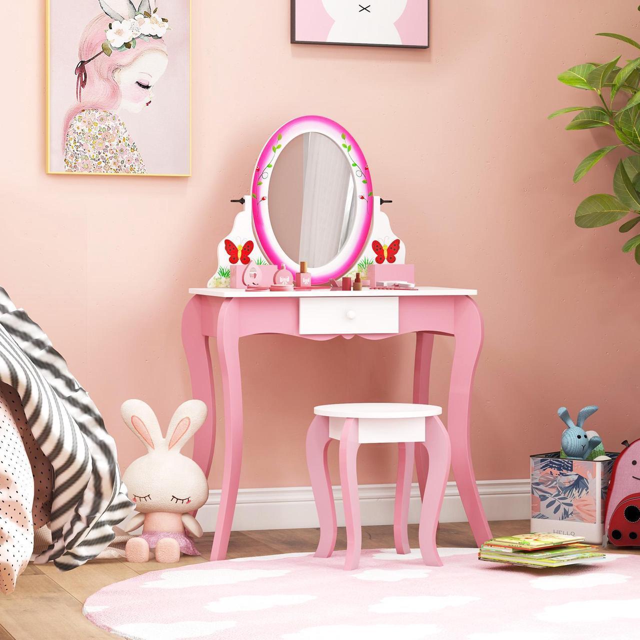 Alt view image 4 of 7 - SlickBlue Kids Vanity Table and Stool Set with 360Â° Rotating Mirror and Whiteboard-Pink