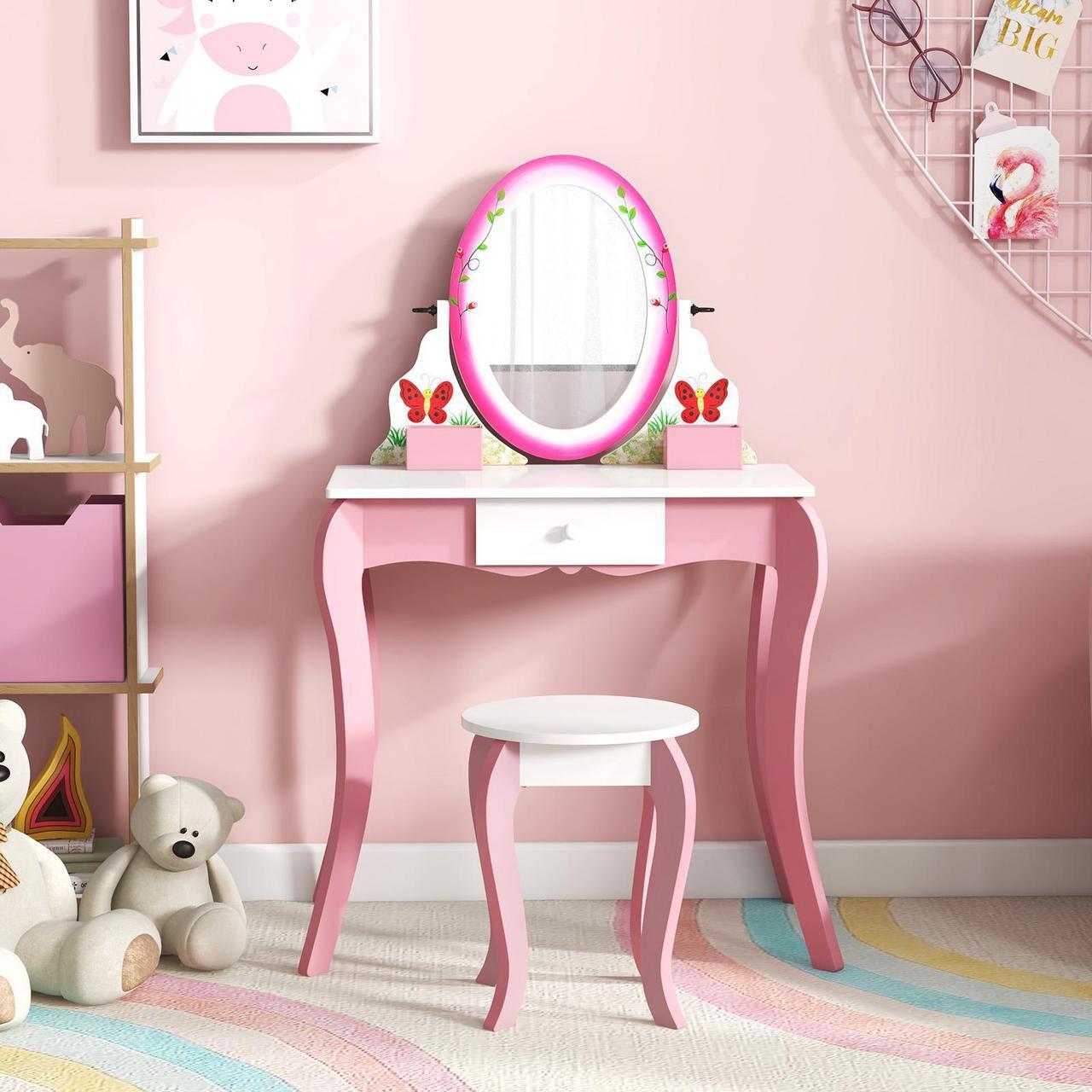 Alt view image 6 of 7 - SlickBlue Kids Vanity Table and Stool Set with 360Â° Rotating Mirror and Whiteboard-Pink