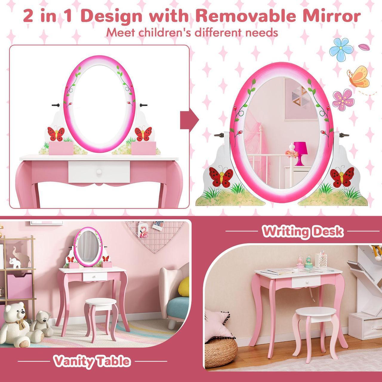 Alt view image 7 of 7 - SlickBlue Kids Vanity Table and Stool Set with 360Â° Rotating Mirror and Whiteboard-Pink