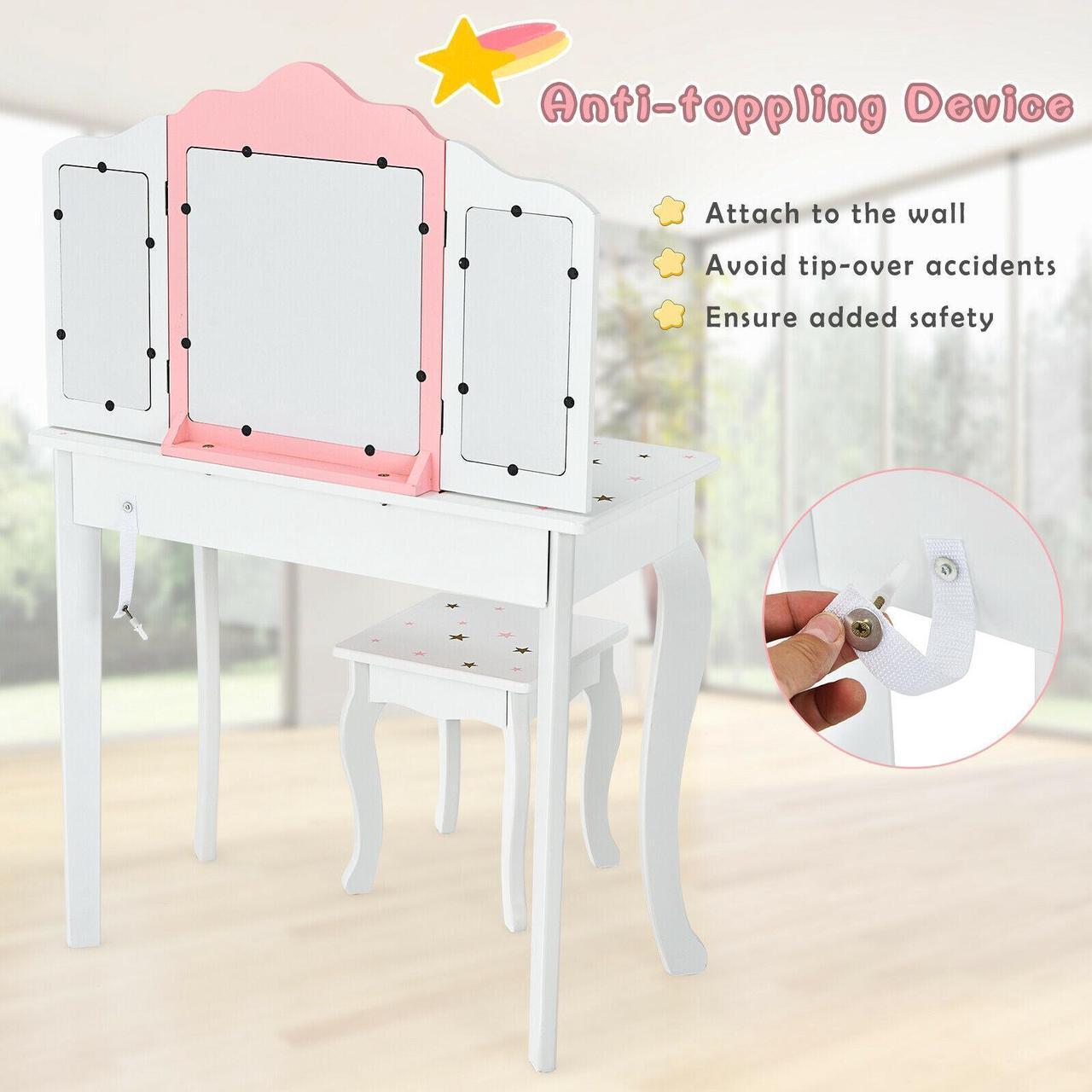 Alt view image 2 of 7 - SlickBlue Kids Princess Vanity Table and Stool Set with Tri-folding Mirror and Drawer