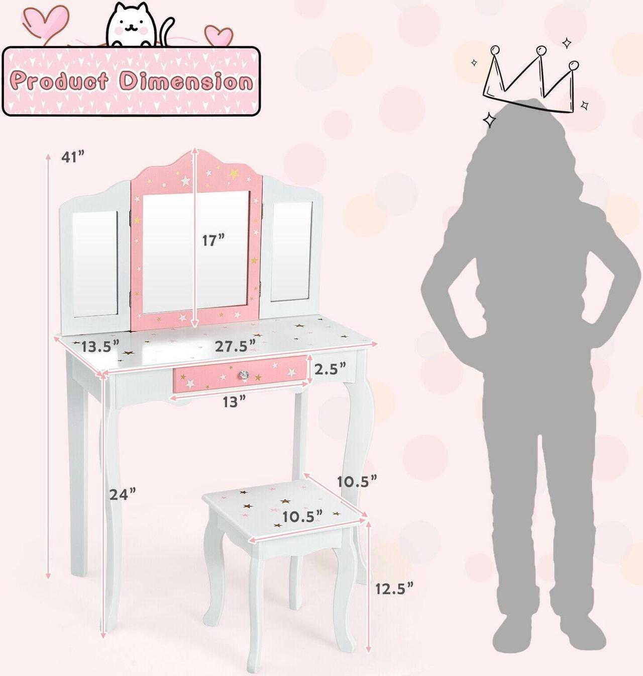 Alt view image 3 of 7 - SlickBlue Kids Princess Vanity Table and Stool Set with Tri-folding Mirror and Drawer