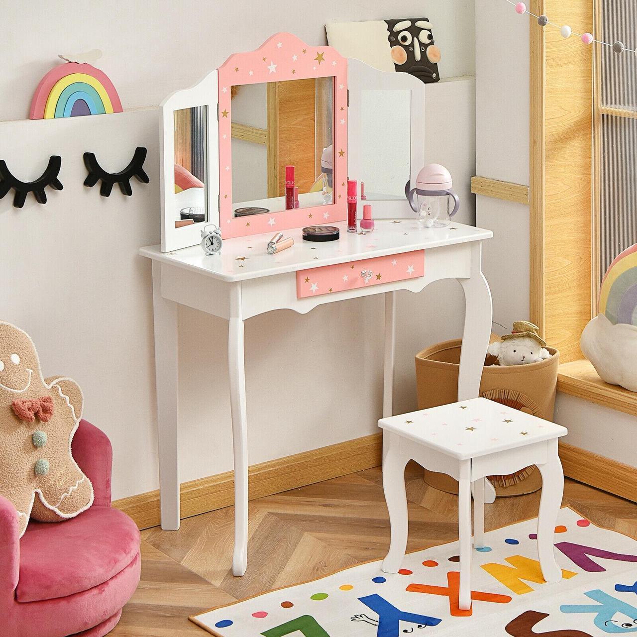 Alt view image 4 of 7 - SlickBlue Kids Princess Vanity Table and Stool Set with Tri-folding Mirror and Drawer