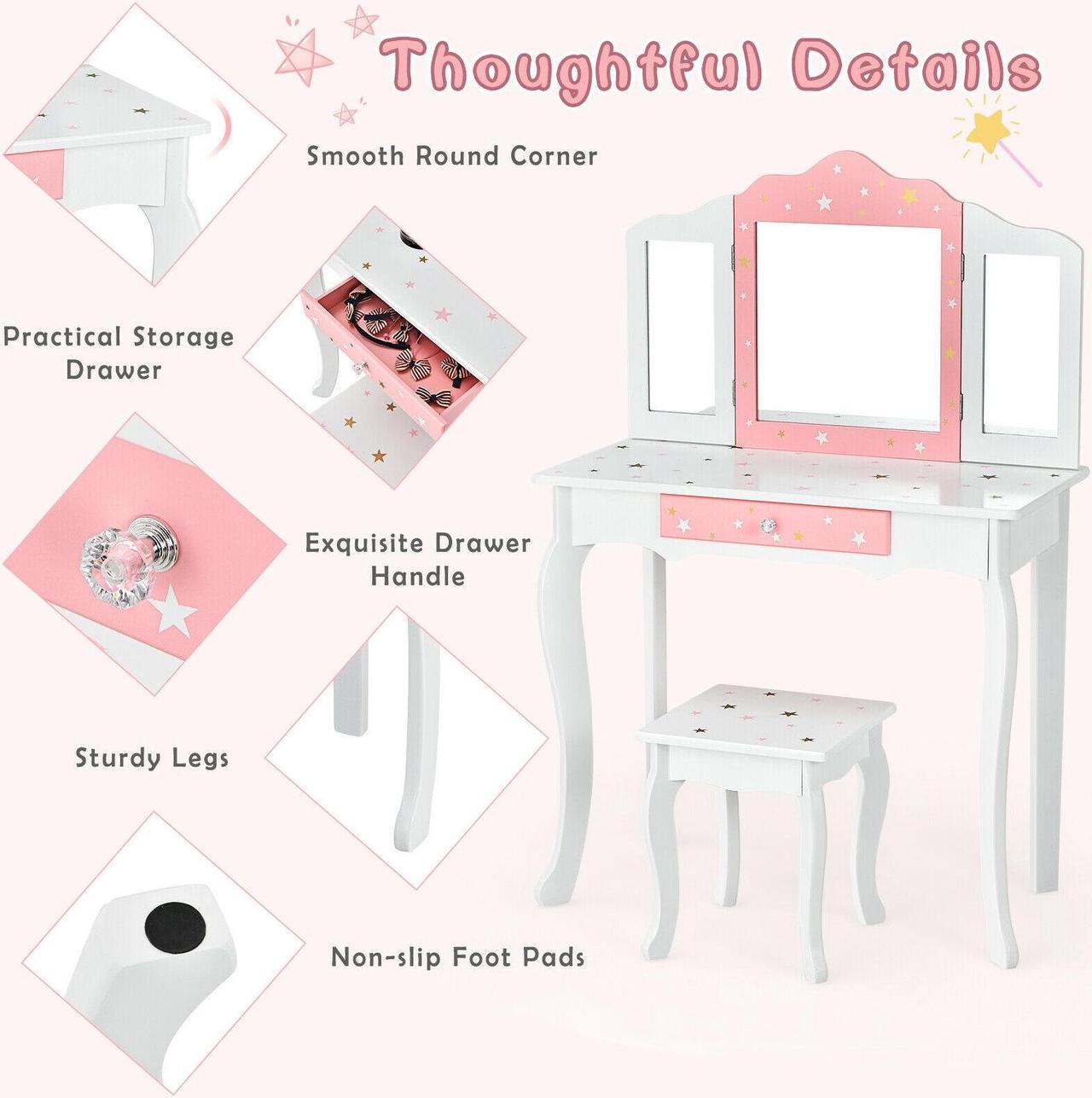 Alt view image 5 of 7 - SlickBlue Kids Princess Vanity Table and Stool Set with Tri-folding Mirror and Drawer