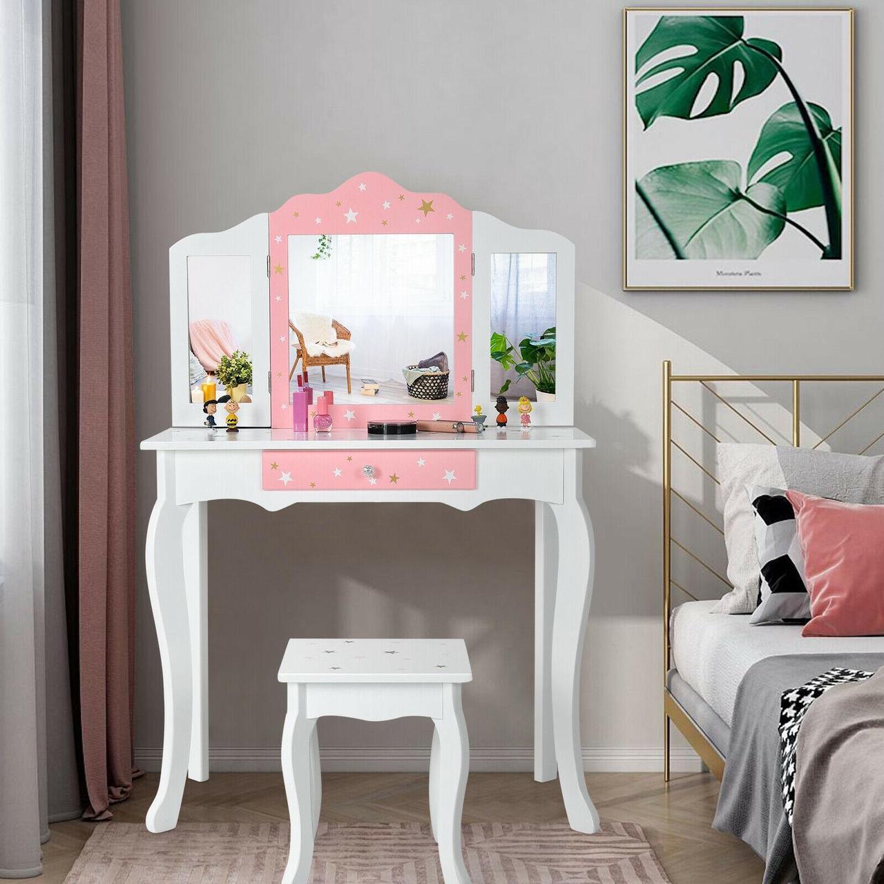 Alt view image 6 of 7 - SlickBlue Kids Princess Vanity Table and Stool Set with Tri-folding Mirror and Drawer