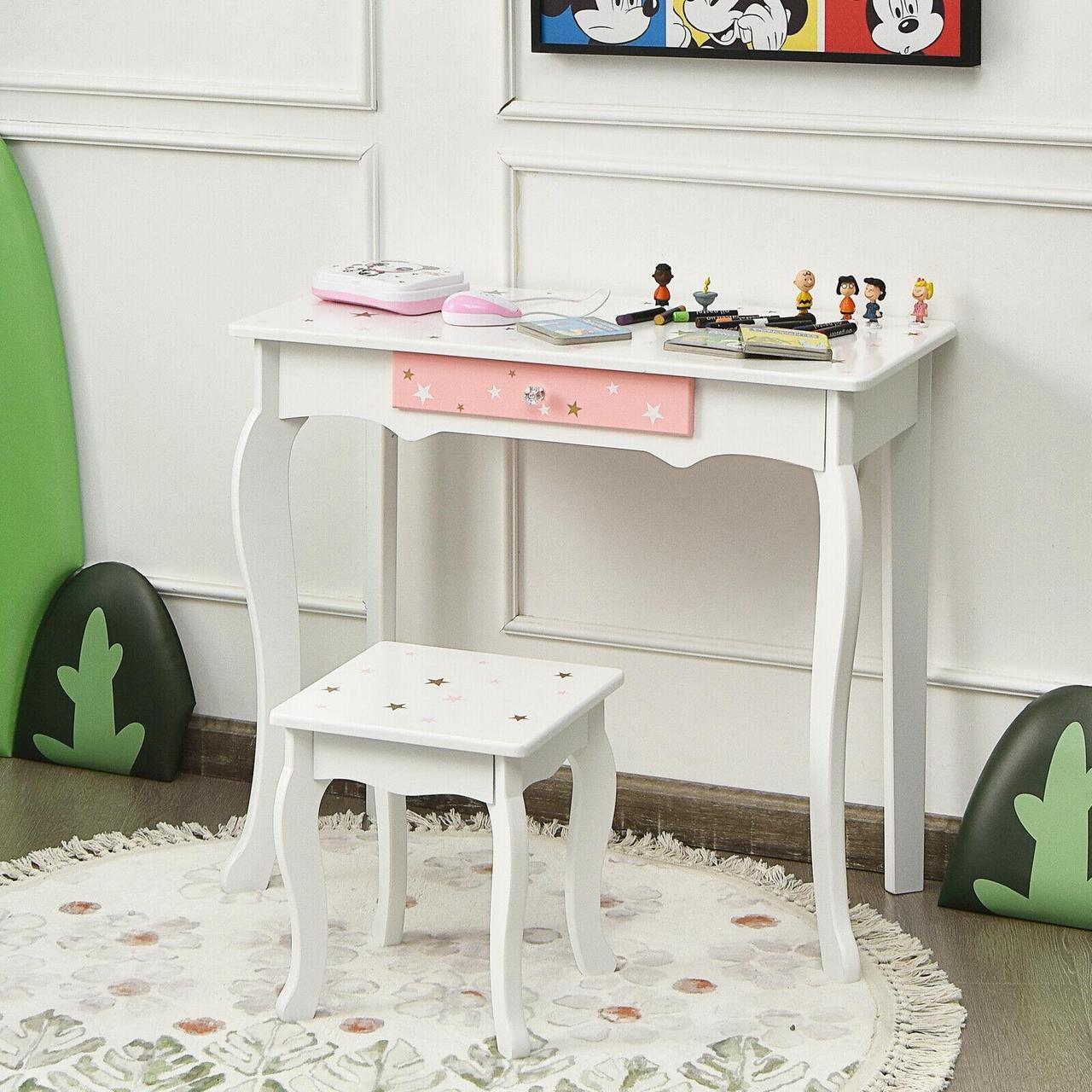 Alt view image 7 of 7 - SlickBlue Kids Princess Vanity Table and Stool Set with Tri-folding Mirror and Drawer