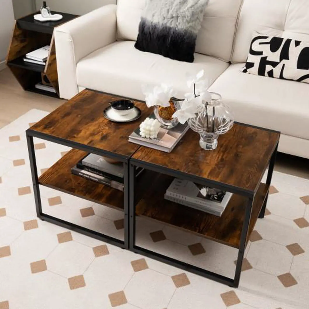 Alt view image 3 of 3 - SlickBlue 2 Pieces 2-Tier 20 Inch Square End Side Table for Living Room Bedroom-Rustic Brown