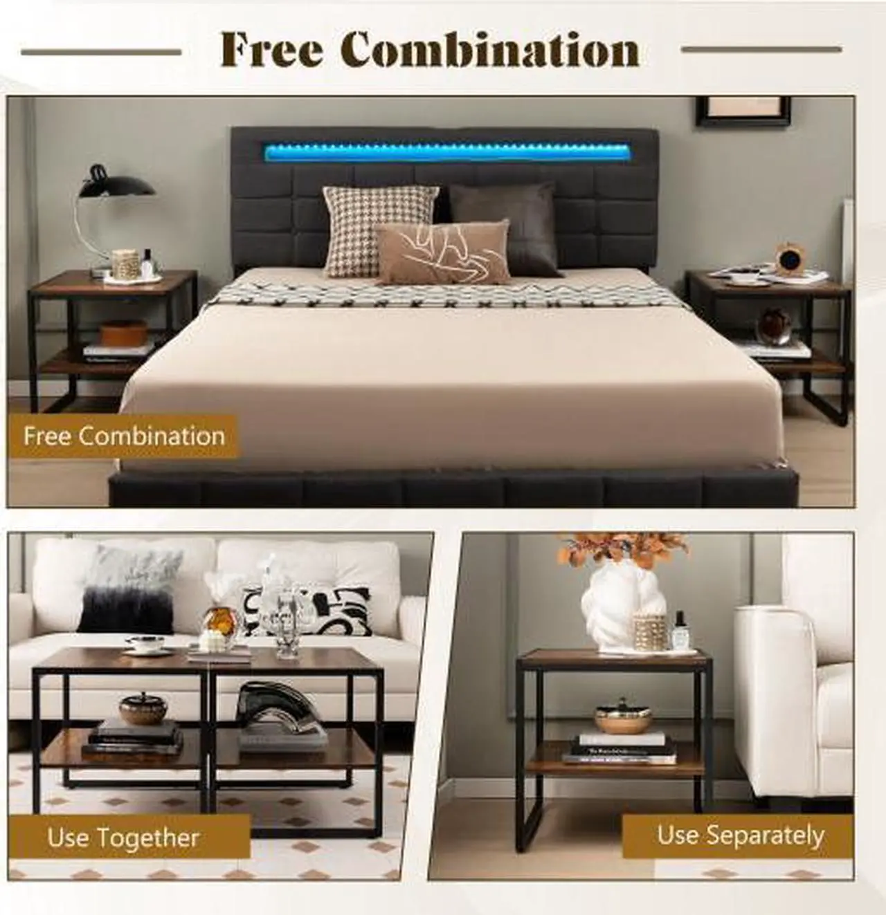 Alt view image 2 of 3 - SlickBlue 2 Pieces 2-Tier 20 Inch Square End Side Table for Living Room Bedroom-Rustic Brown