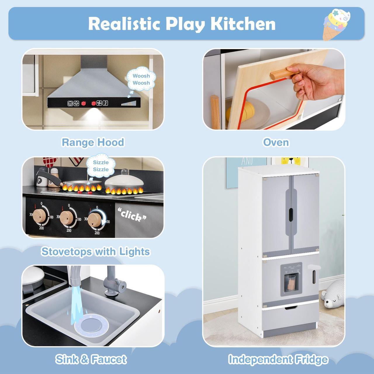 Alt view image 7 of 7 - SlickBlue Wooden Chef Play Kitchen and Refrigerator with Realistic Range Hood and Roaster