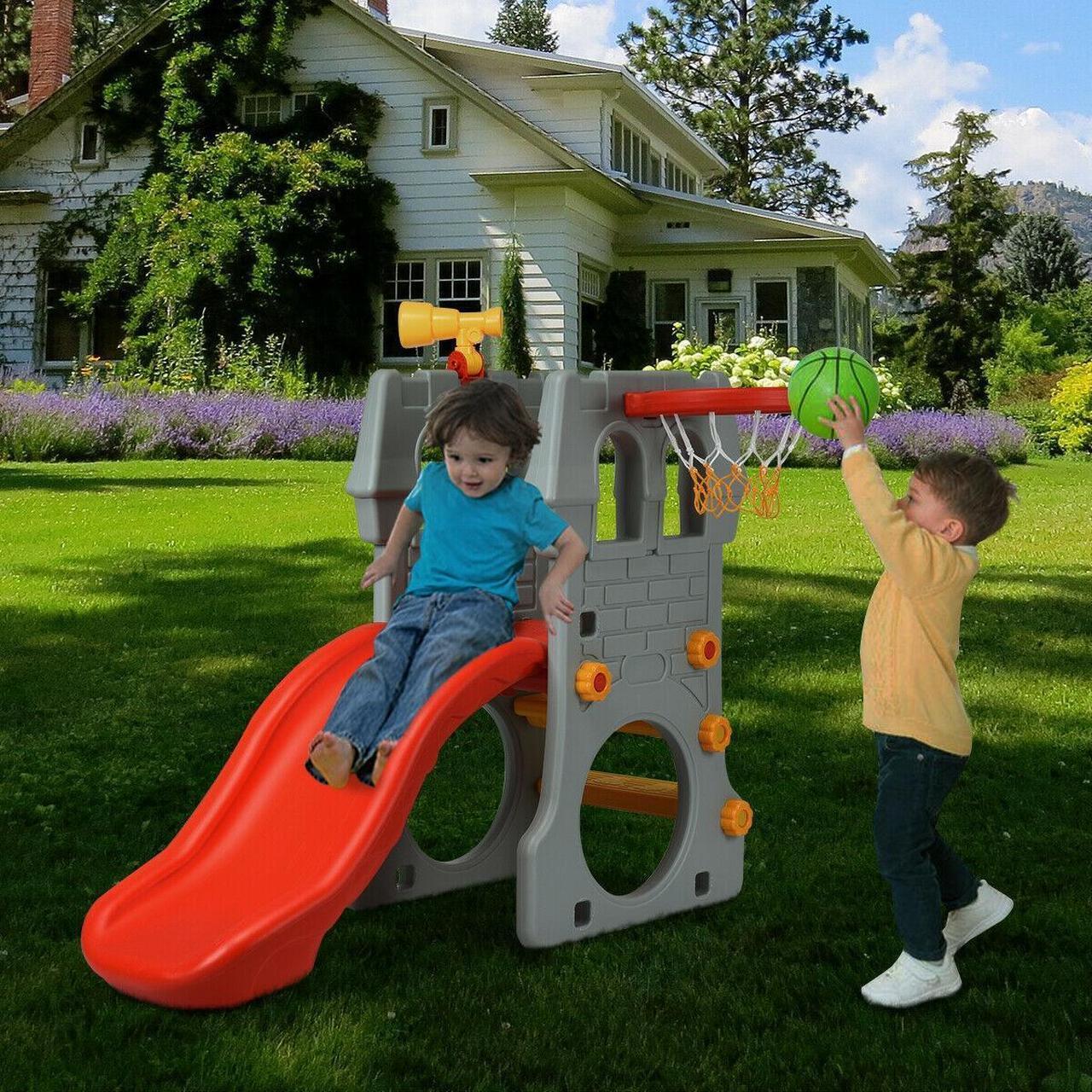 Alt view image 6 of 7 - SlickBlue 5 in 1 Toddler Climber Slide Playset with Basketball Hoop and Telescope