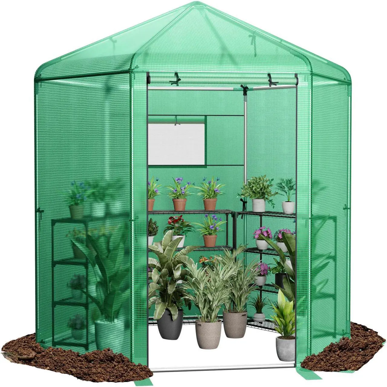 Alt view image 2 of 7 - SlickBlue Walk-In Hexagonal Greenhouse with PE Cover and Metal Frame