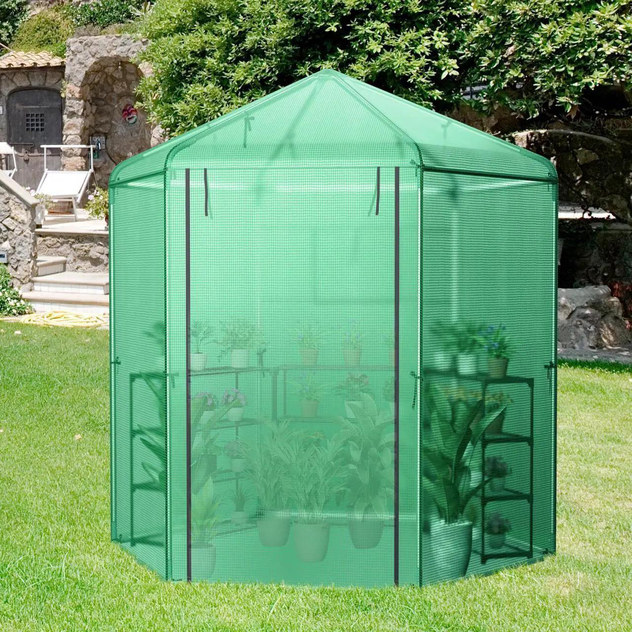 Alt view image 3 of 7 - SlickBlue Walk-In Hexagonal Greenhouse with PE Cover and Metal Frame