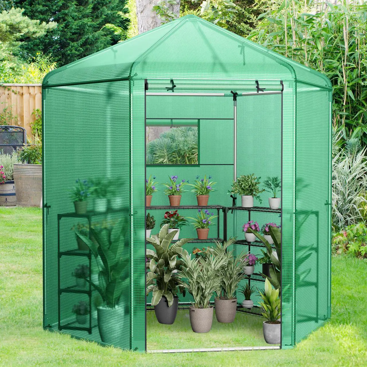 Alt view image 4 of 7 - SlickBlue Walk-In Hexagonal Greenhouse with PE Cover and Metal Frame