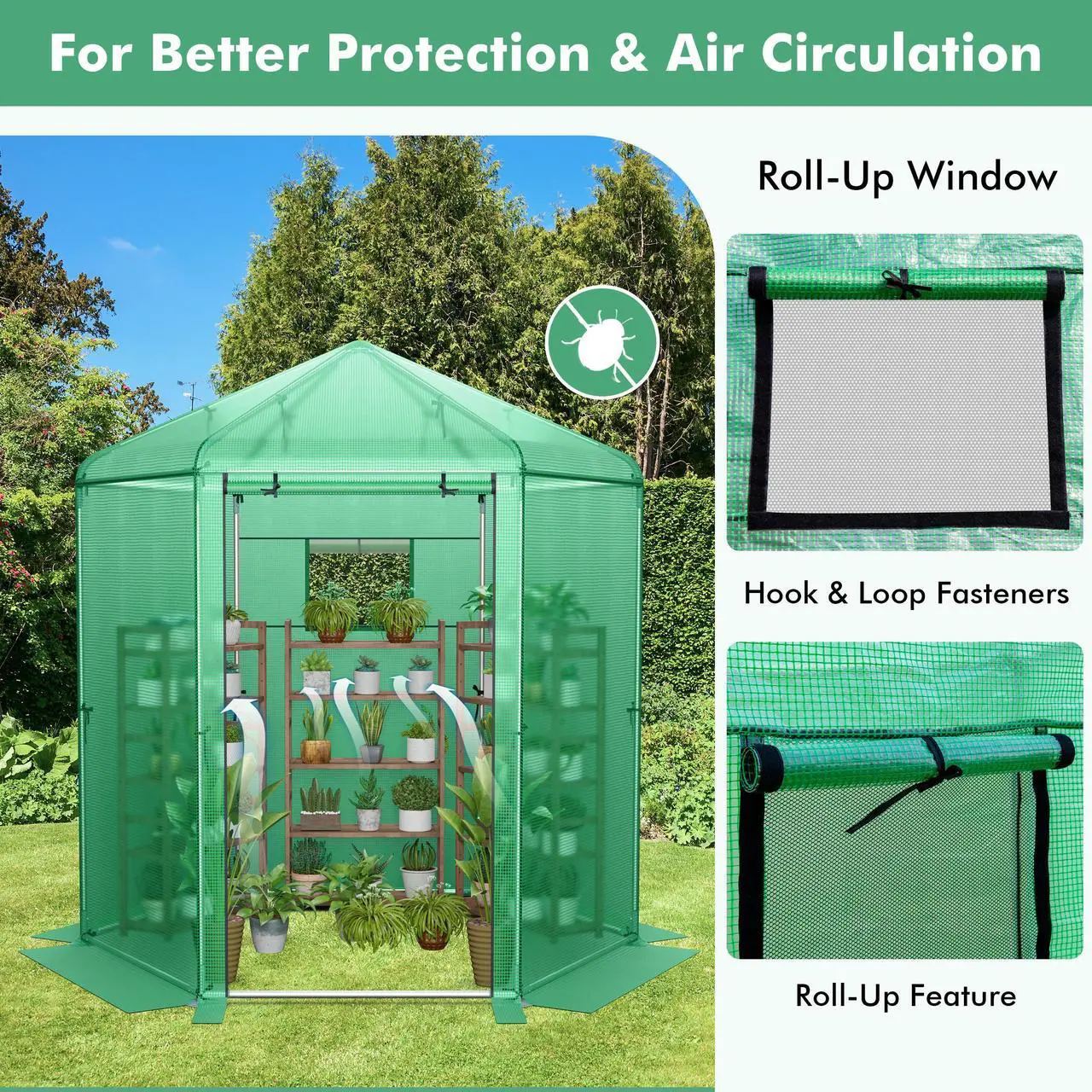 Alt view image 7 of 7 - SlickBlue Walk-In Hexagonal Greenhouse with PE Cover and Metal Frame