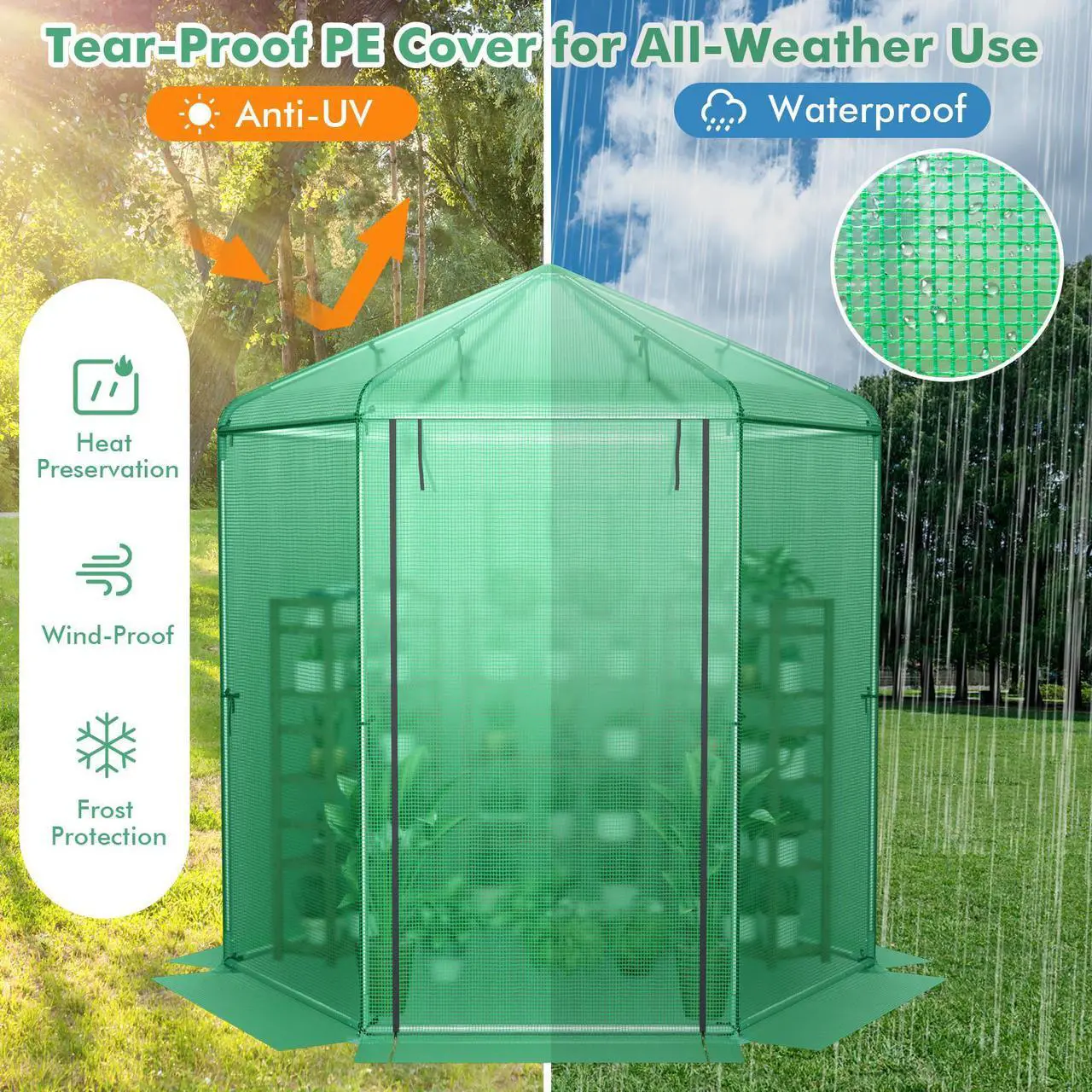 Alt view image 6 of 7 - SlickBlue Walk-In Hexagonal Greenhouse with PE Cover and Metal Frame