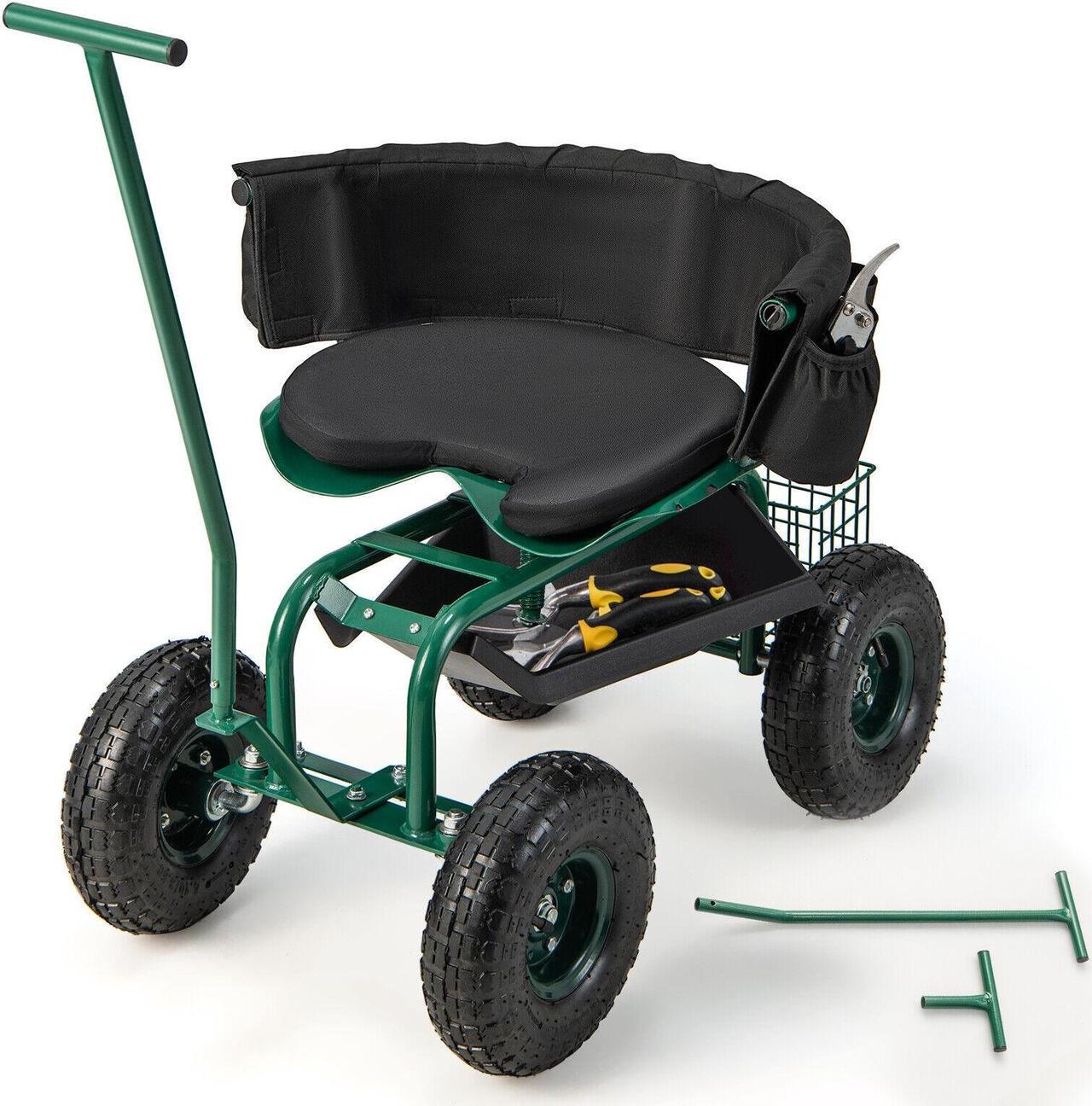 Main image of SlickBlue Rolling Garden Cart with Height Adjustable Swivel Seat and Storage Basket-Green
