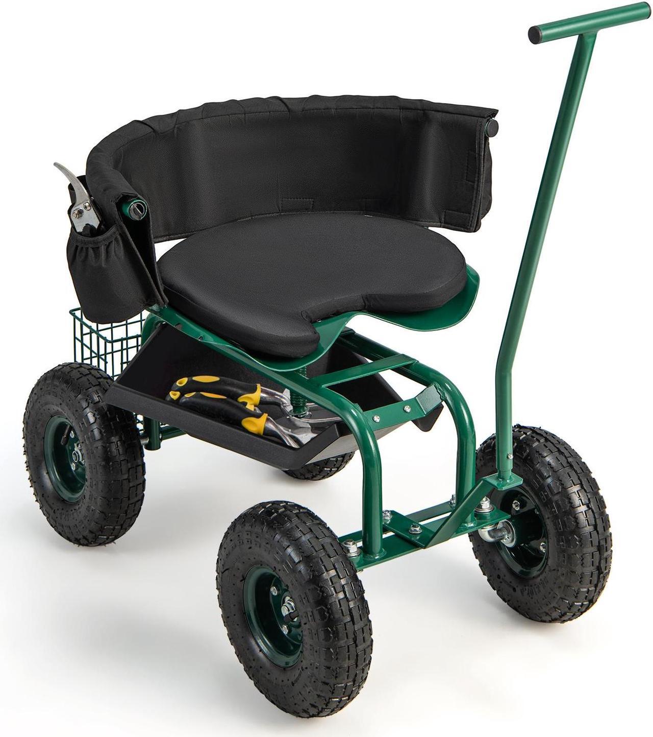 Alt view image 2 of 7 - SlickBlue Rolling Garden Cart with Height Adjustable Swivel Seat and Storage Basket-Green