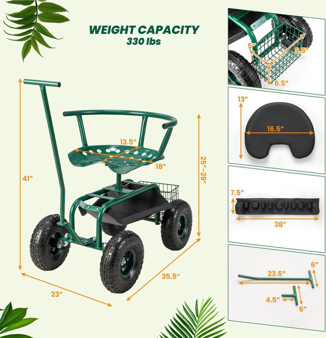 Alt view image 5 of 7 - SlickBlue Rolling Garden Cart with Height Adjustable Swivel Seat and Storage Basket-Green