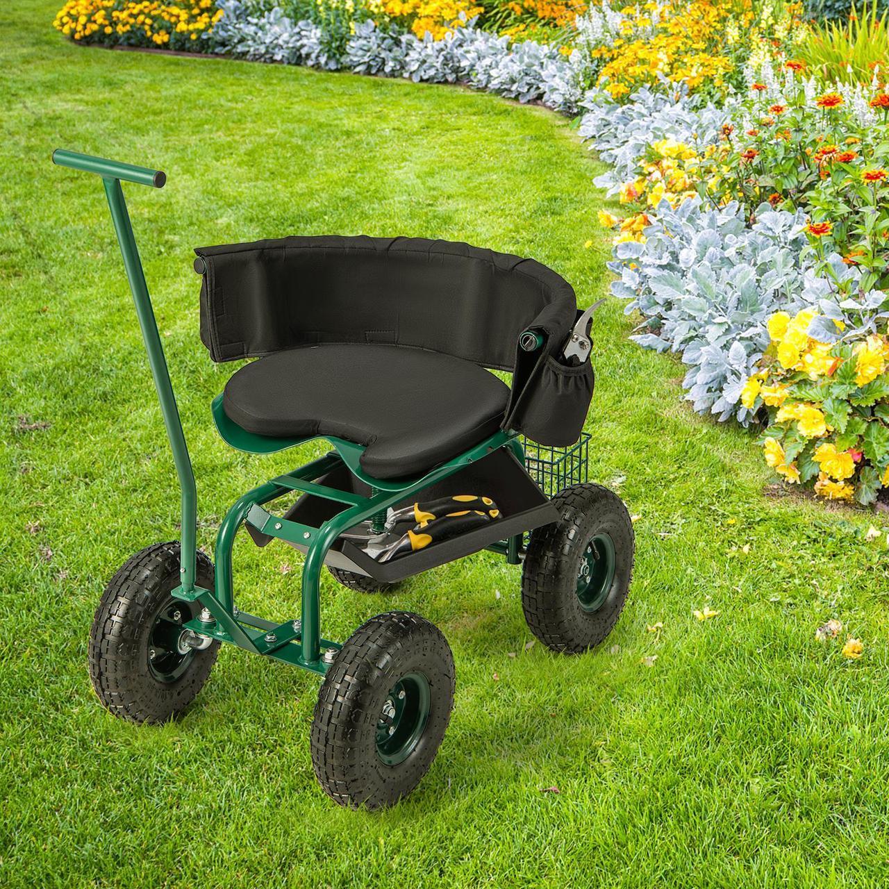 Alt view image 4 of 7 - SlickBlue Rolling Garden Cart with Height Adjustable Swivel Seat and Storage Basket-Green