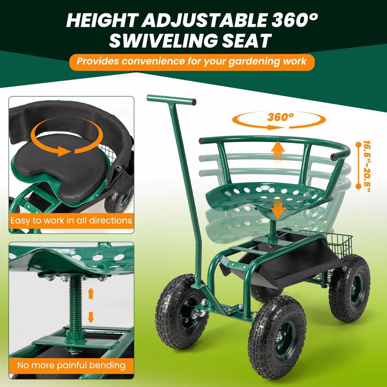 Alt view image 6 of 7 - SlickBlue Rolling Garden Cart with Height Adjustable Swivel Seat and Storage Basket-Green