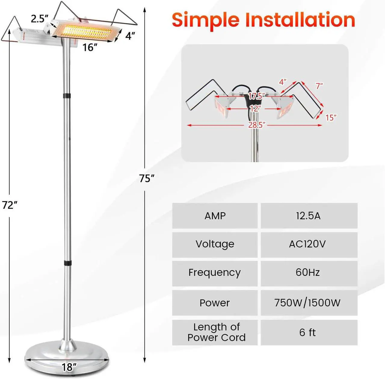 Alt view image 5 of 7 - SlickBlue 1500W Standing Electric Heater with Double-sided Heating