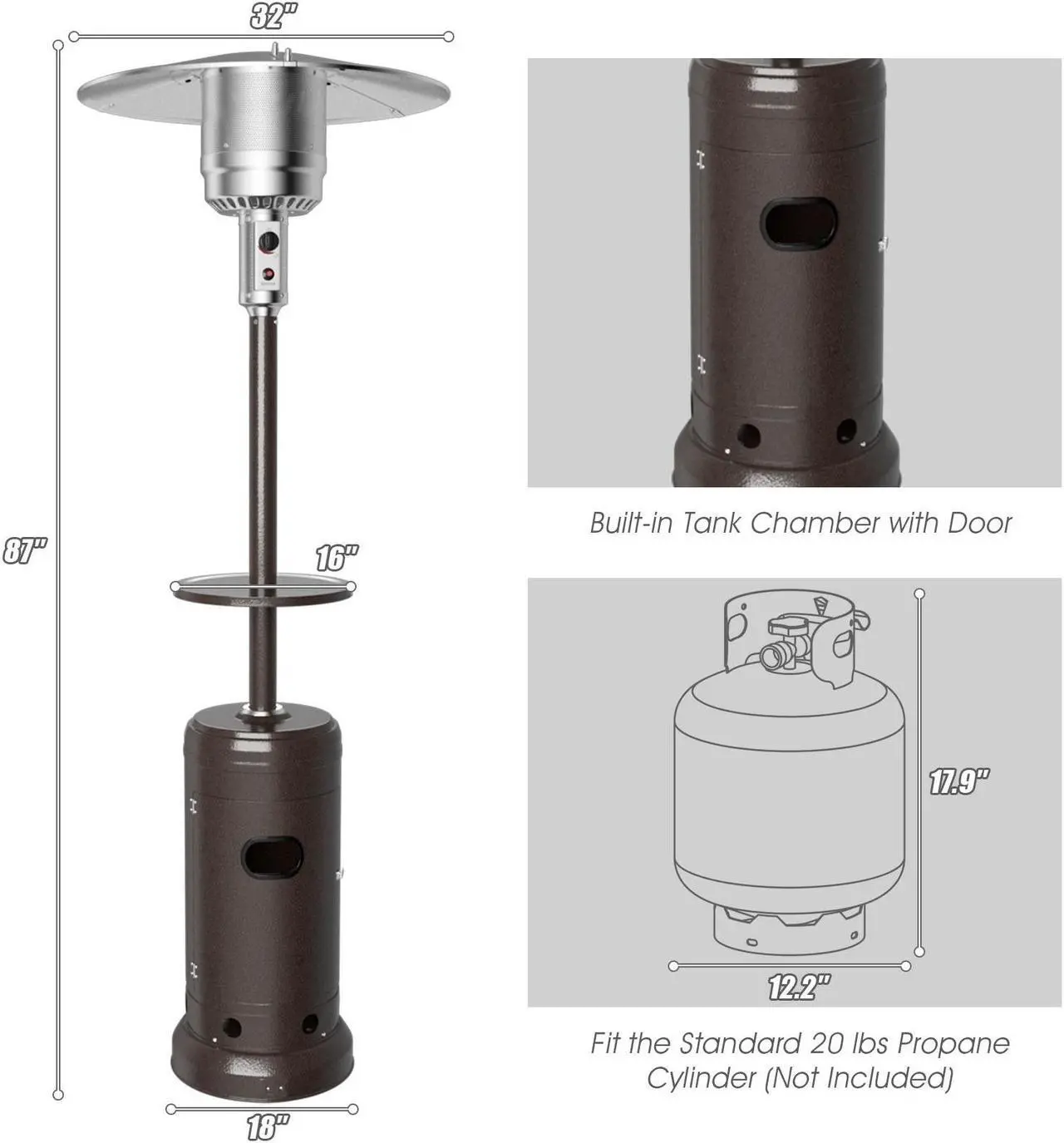 Alt view image 3 of 7 - SlickBlue Outdoor Heater Propane Standing LP Gas Steel with Table & Wheels