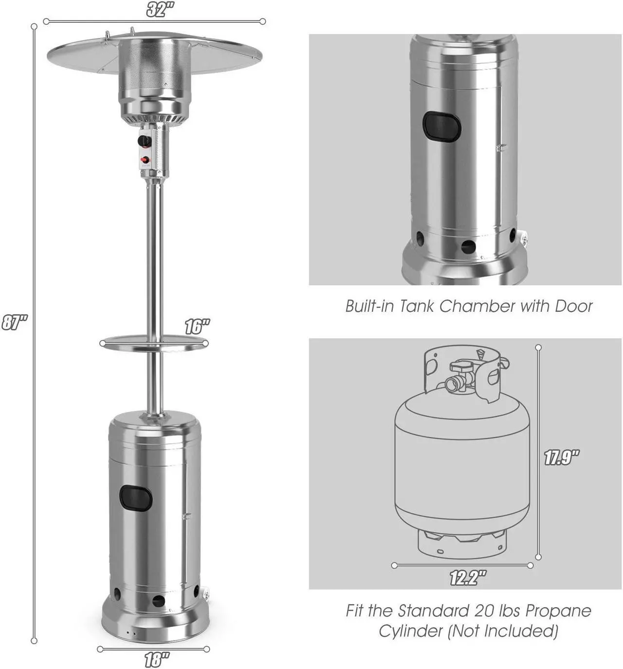 Alt view image 3 of 7 - SlickBlue Outdoor Heater Propane Standing LP Gas Steel with Table & Wheels
