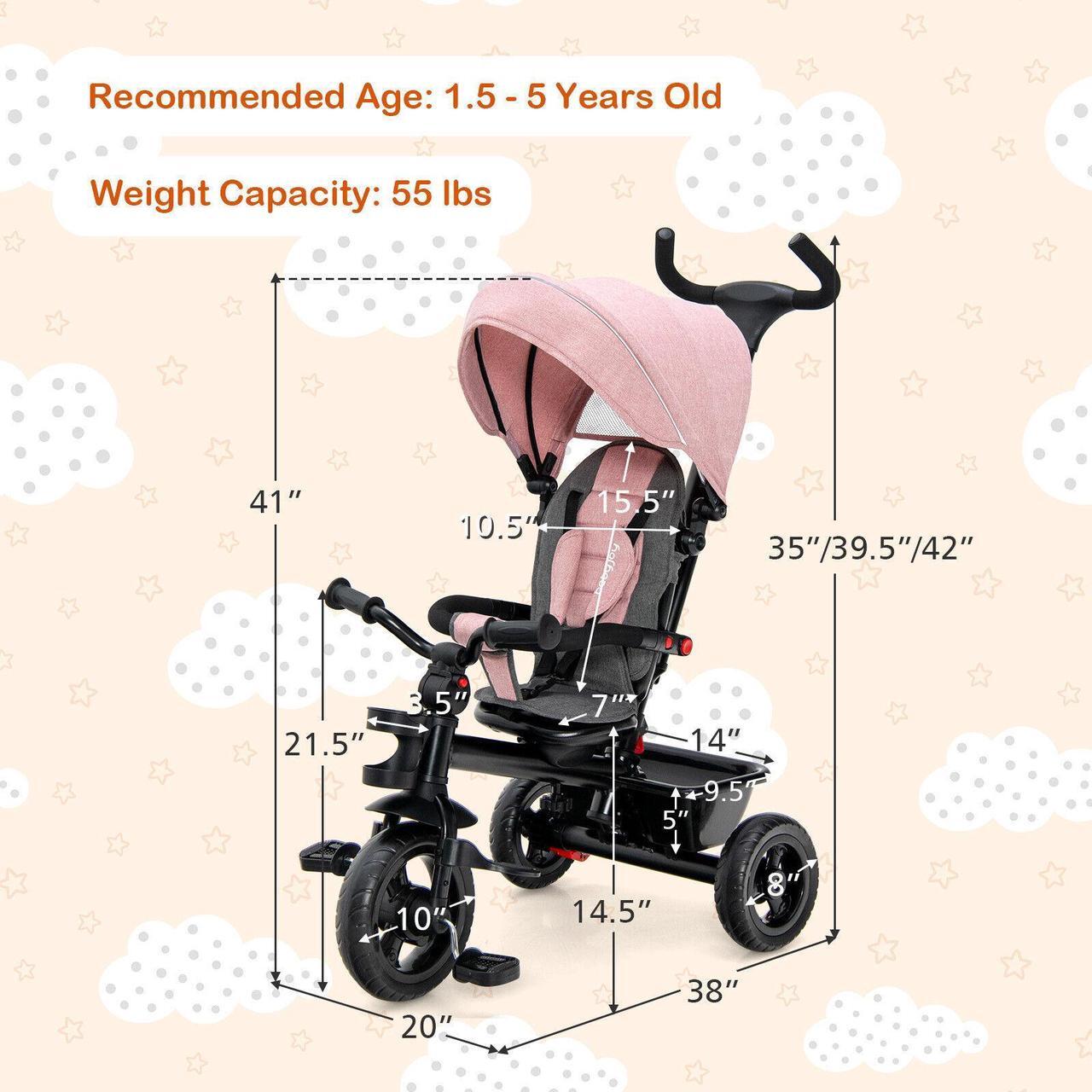 Alt view image 4 of 6 - SlickBlue 4-in-1 Baby Tricycle Toddler Trike with Convertible Seat-Pink