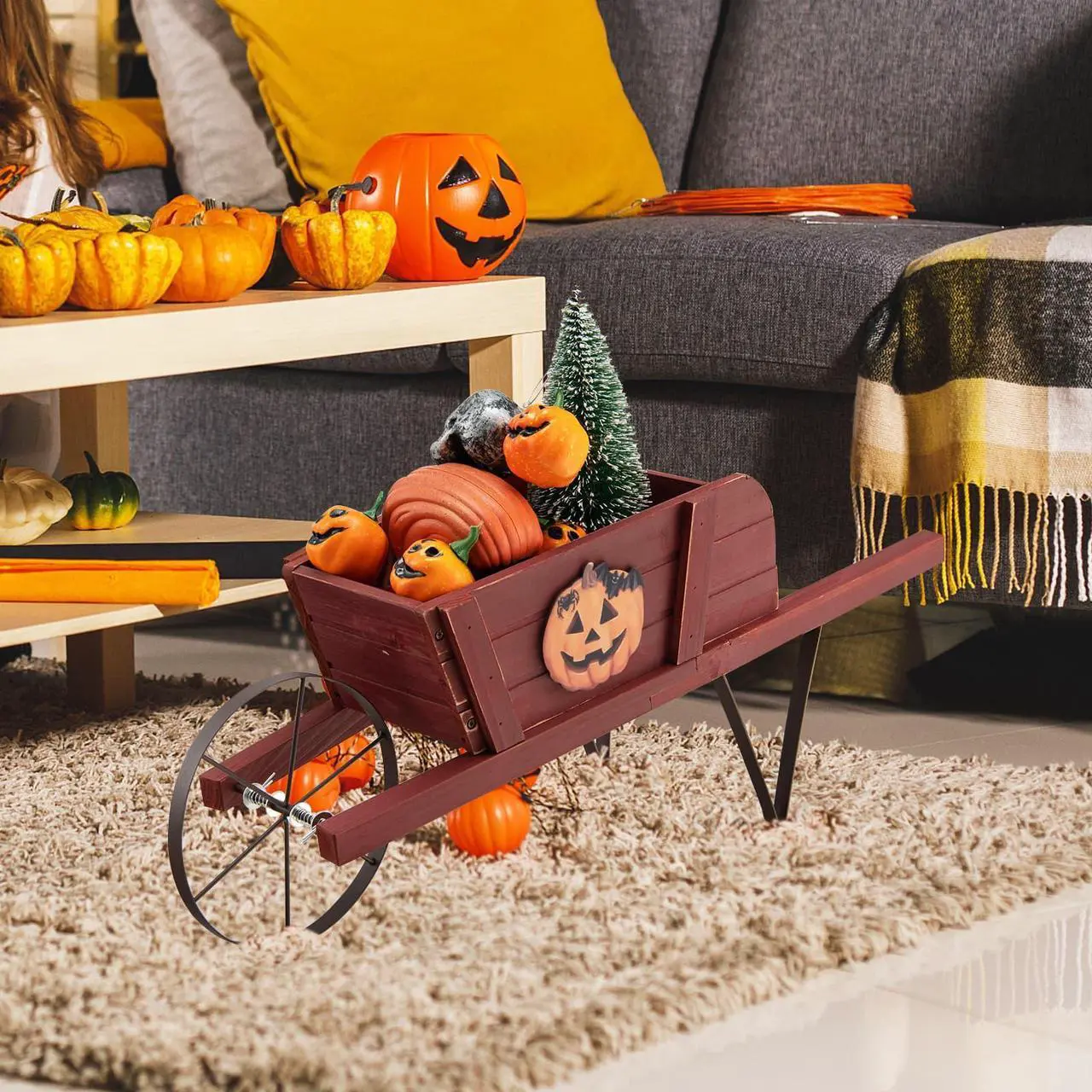 Alt view image 3 of 7 - SlickBlue Wooden Wagon Planter with 9 Magnetic Accessories for Garden Yard-Red