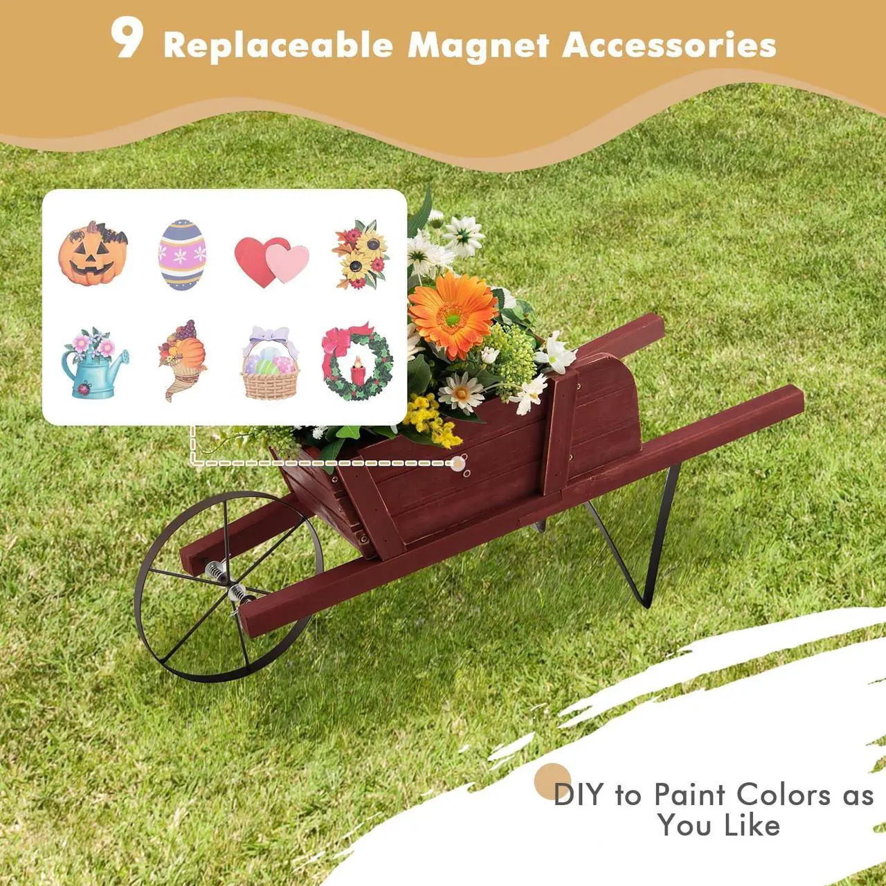 Main image of SlickBlue Wooden Wagon Planter with 9 Magnetic Accessories for Garden Yard-Red