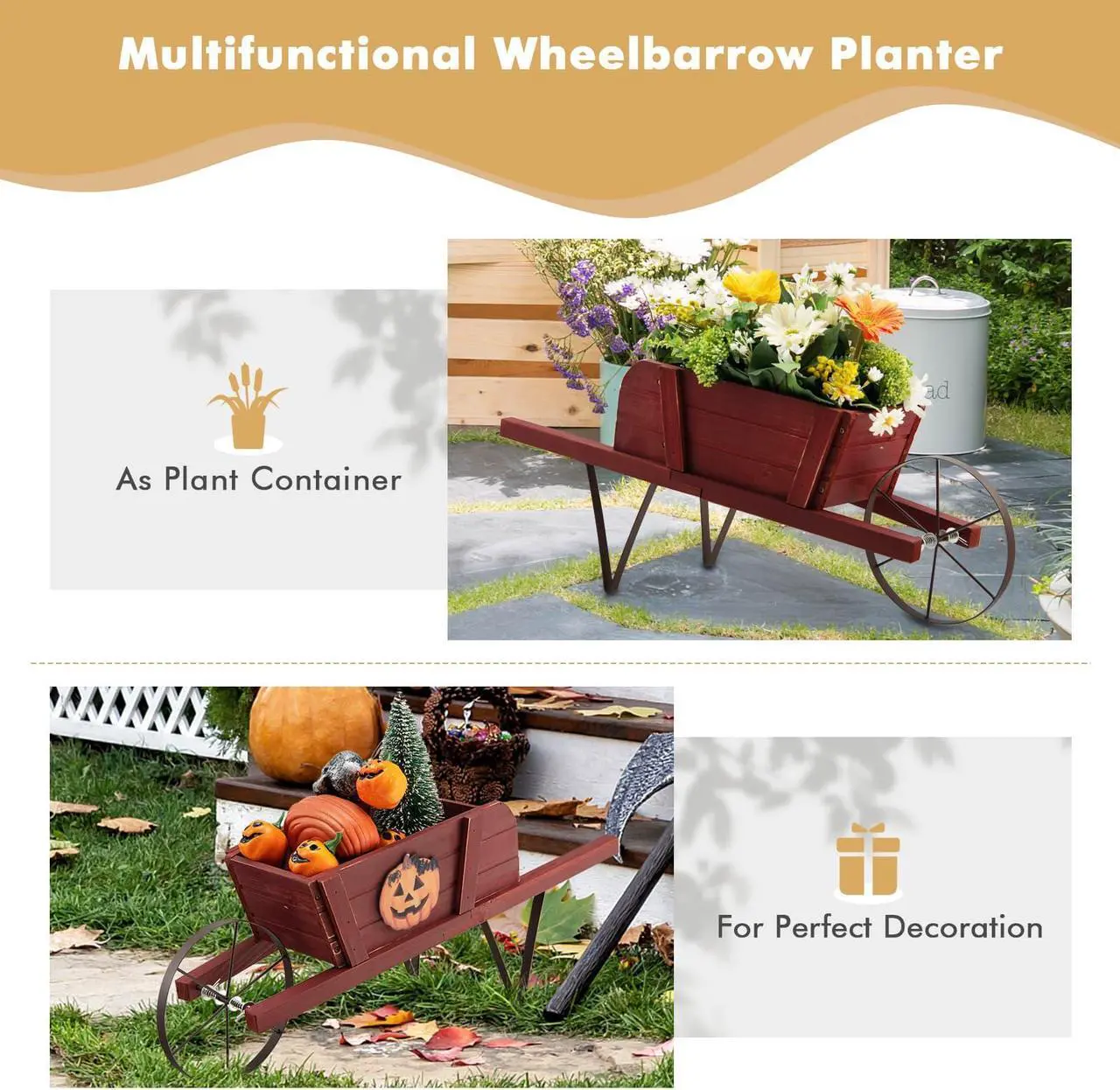 Alt view image 5 of 7 - SlickBlue Wooden Wagon Planter with 9 Magnetic Accessories for Garden Yard-Red