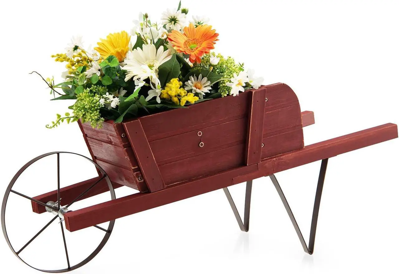 Alt view image 4 of 7 - SlickBlue Wooden Wagon Planter with 9 Magnetic Accessories for Garden Yard-Red