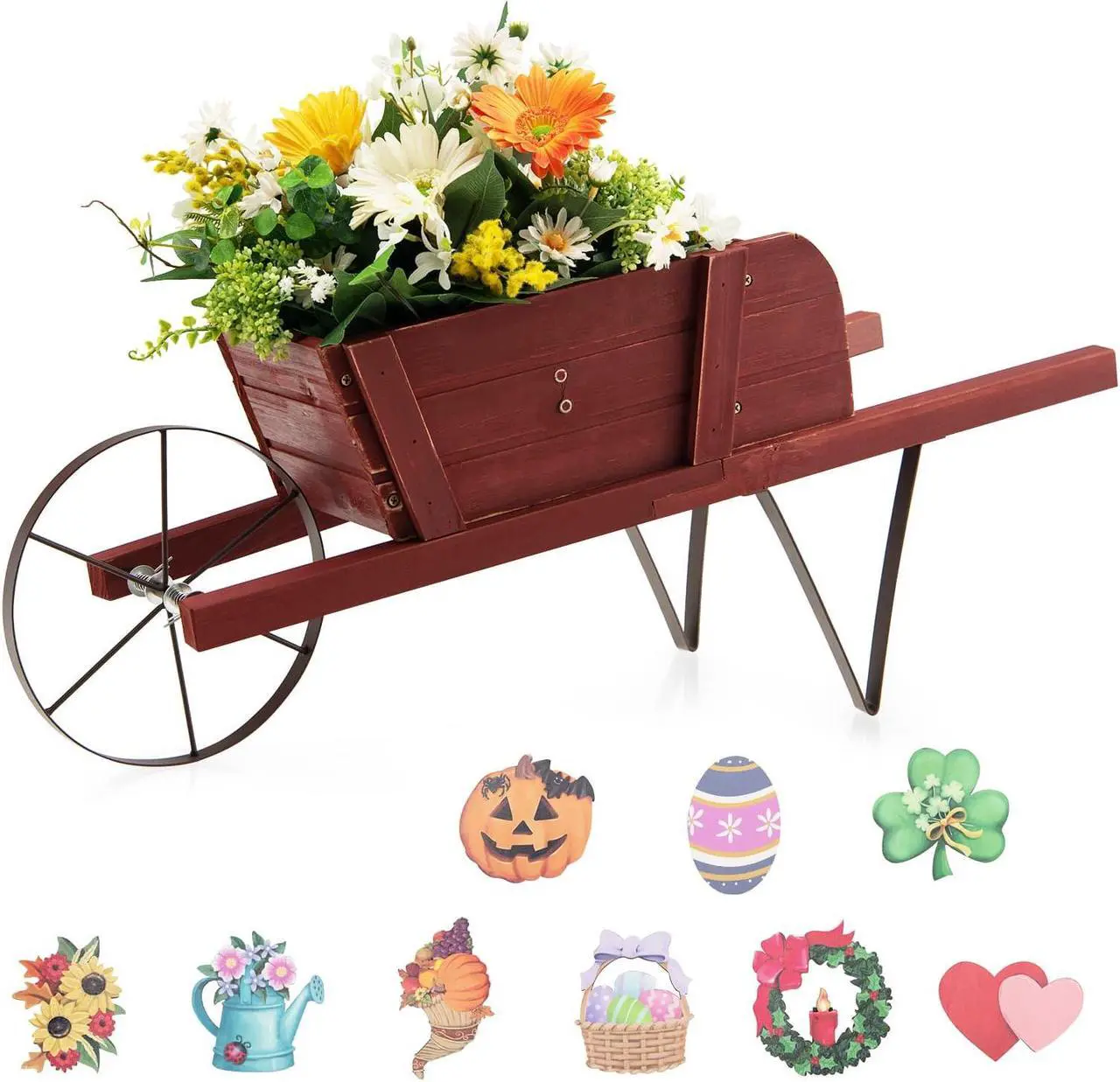 Alt view image 6 of 7 - SlickBlue Wooden Wagon Planter with 9 Magnetic Accessories for Garden Yard-Red