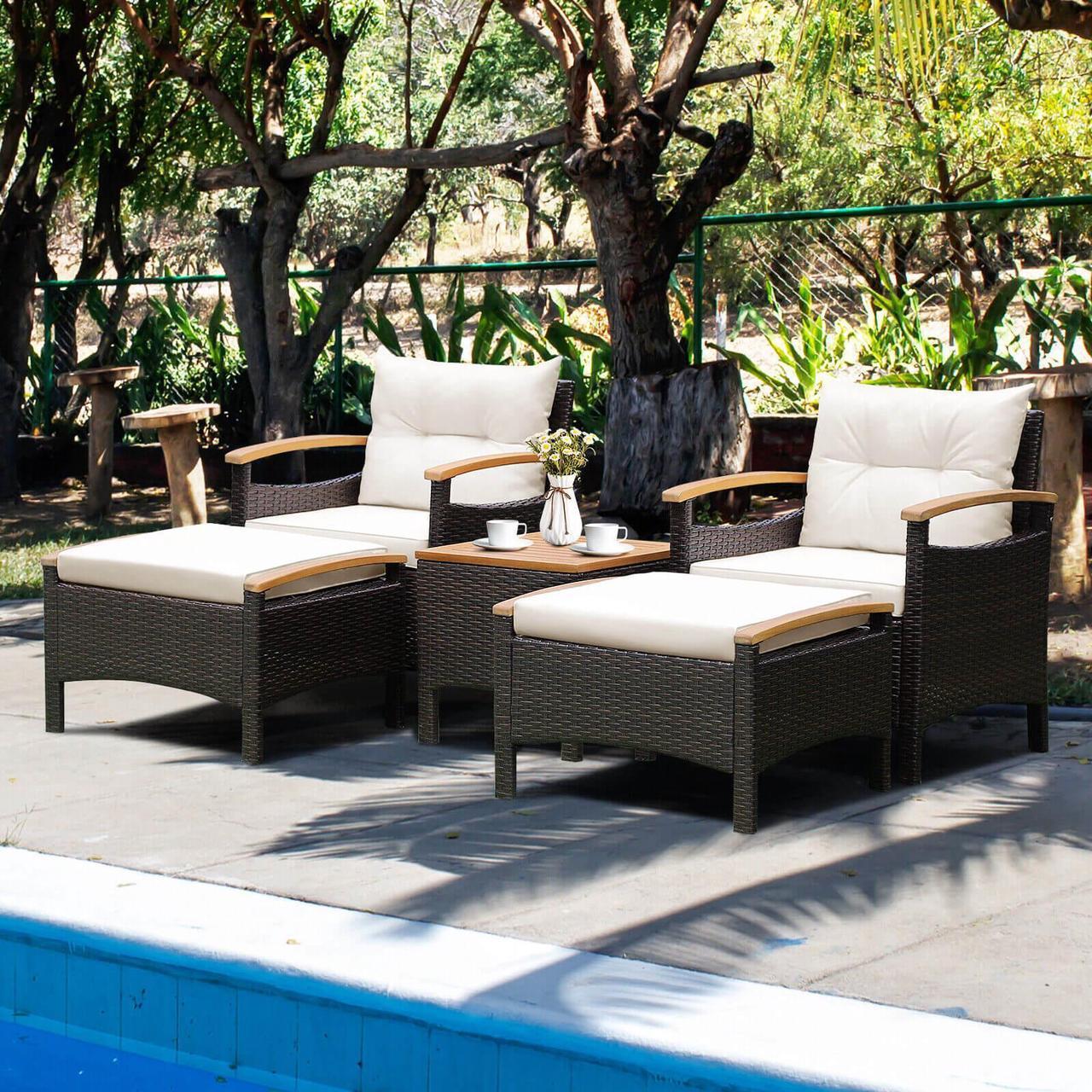 Alt view image 4 of 7 - SlickBlue 5 Pieces Patio Conversation Set with Cushions Coffee Table and 2 Ottomans