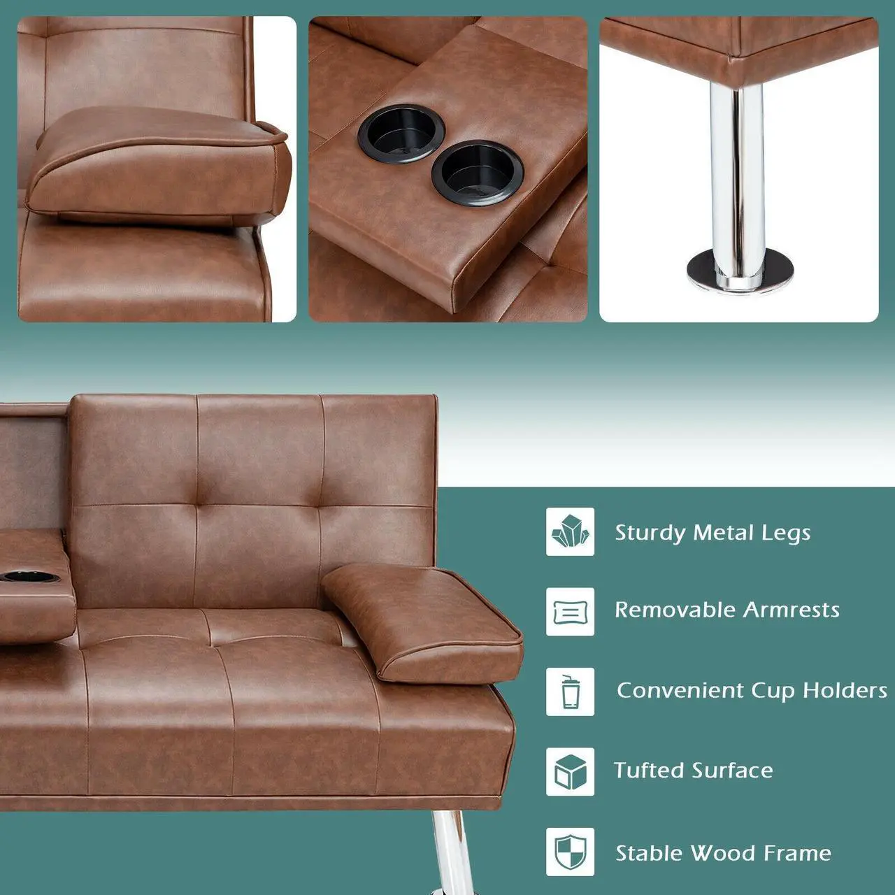 Main image of SlickBlue Convertible Folding Leather Futon Sofa with Cup Holders and Armrests-Brown