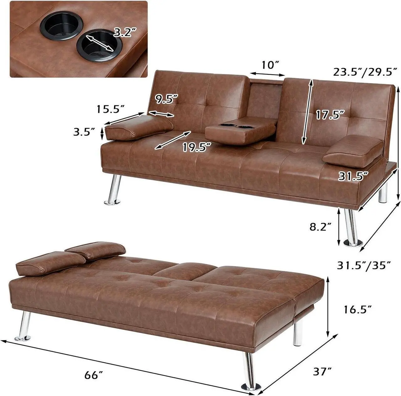 Alt view image 2 of 7 - SlickBlue Convertible Folding Leather Futon Sofa with Cup Holders and Armrests-Brown