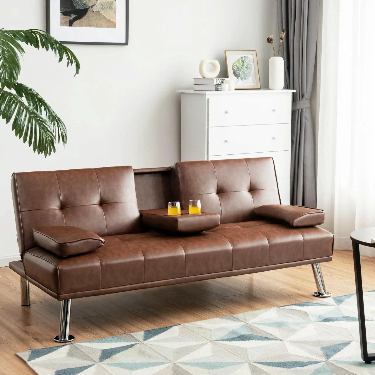 Alt view image 3 of 7 - SlickBlue Convertible Folding Leather Futon Sofa with Cup Holders and Armrests-Brown