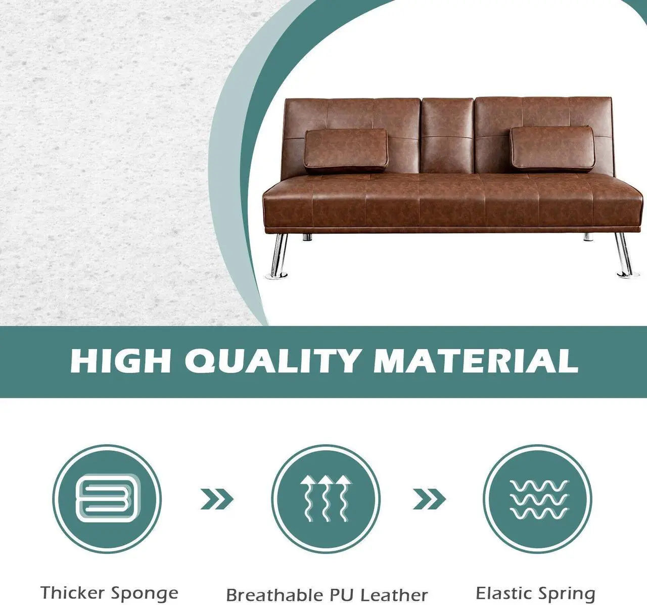 Alt view image 5 of 7 - SlickBlue Convertible Folding Leather Futon Sofa with Cup Holders and Armrests-Brown