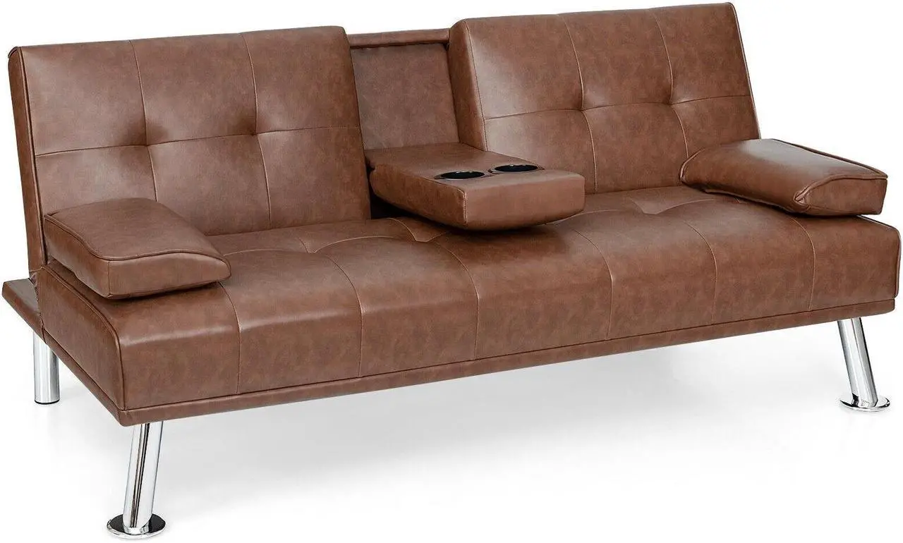Alt view image 4 of 7 - SlickBlue Convertible Folding Leather Futon Sofa with Cup Holders and Armrests-Brown