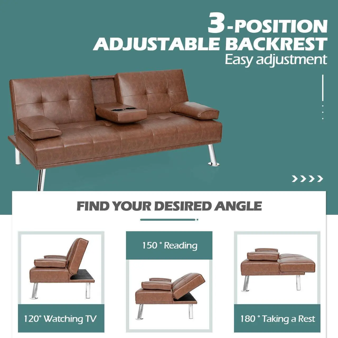 Alt view image 6 of 7 - SlickBlue Convertible Folding Leather Futon Sofa with Cup Holders and Armrests-Brown