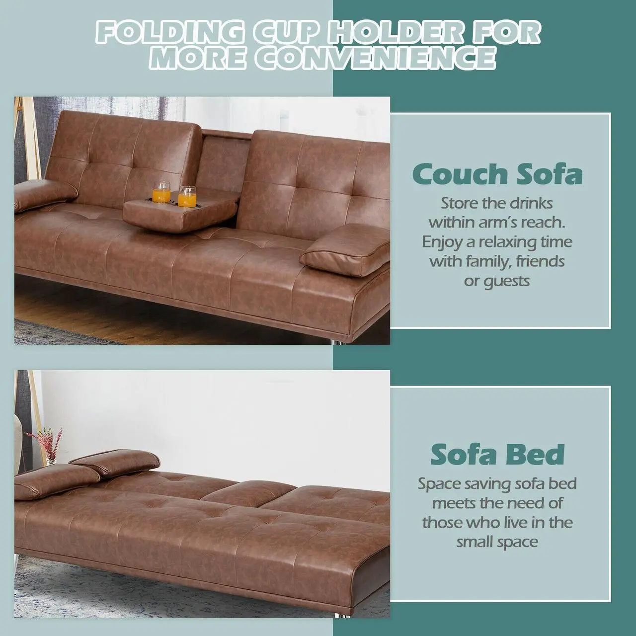 Alt view image 7 of 7 - SlickBlue Convertible Folding Leather Futon Sofa with Cup Holders and Armrests-Brown